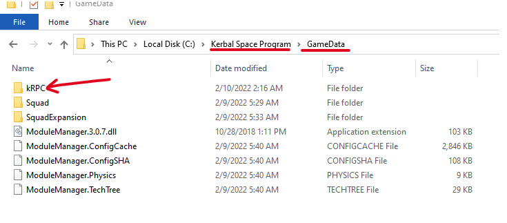 An image that shows the folder structure of KSP on Windows